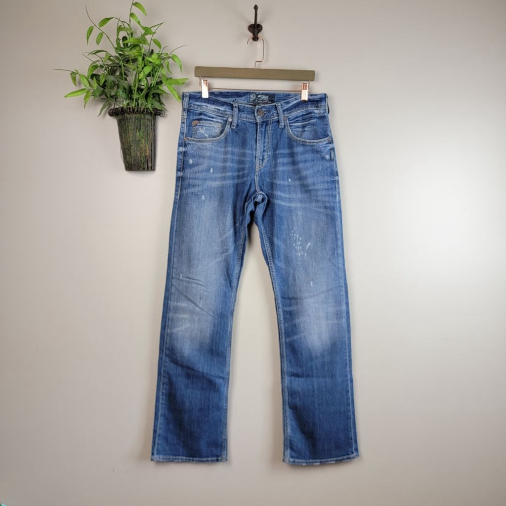 Silver 32 Zac Relaxed Fit Straight Leg Medium Wash Mid Rise Stretch Mens Jeans